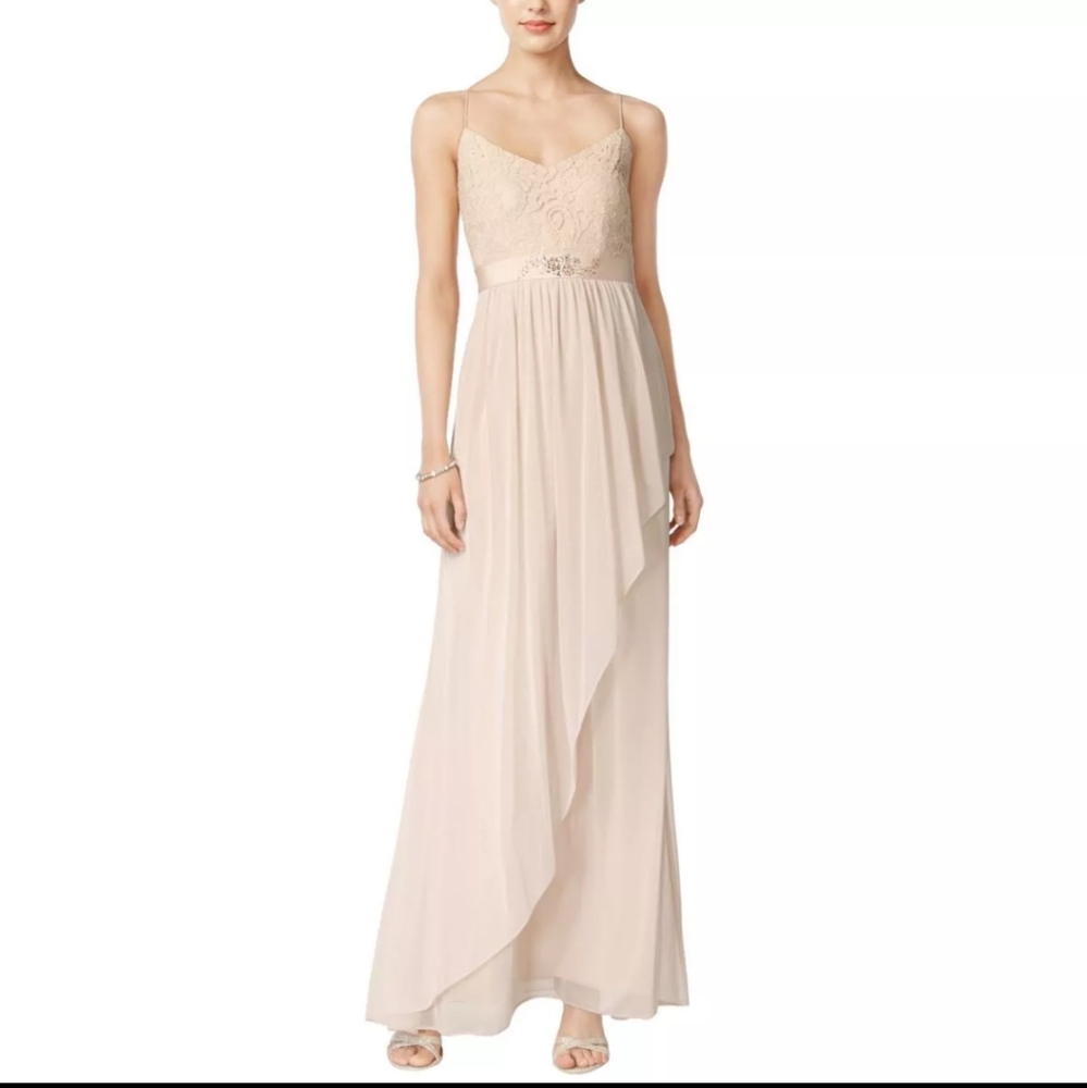 ADRIANNA PAPELL Women's Almond Beaded-waist Lace Mesh Combo Gown Dress 12